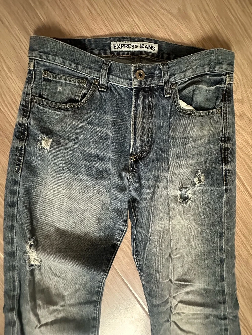 Express Men’s Straight Leg Distressed Jeans — Faded Blue